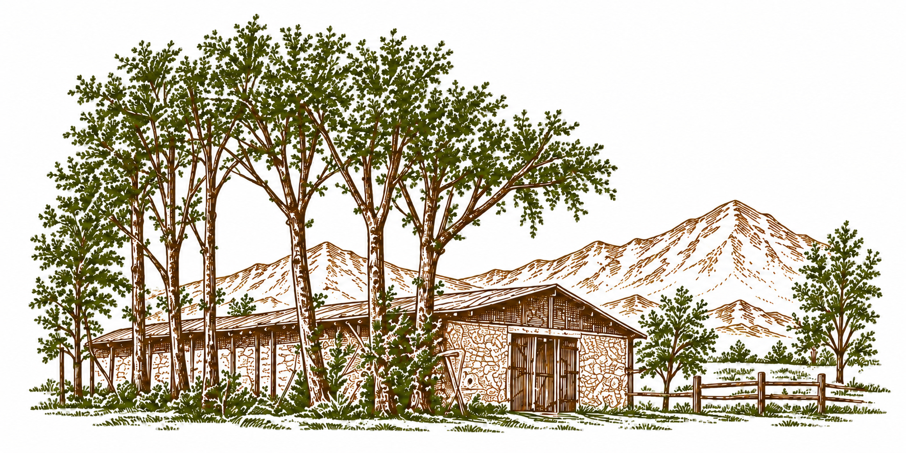 Ilustración de nuestro galpón entre árboles y montañas.